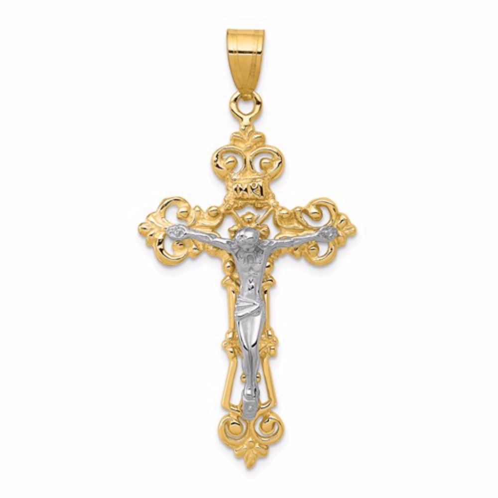 14k Two-Tone INRI Fleur De Lis Crucifix Pendant - Picture 1 of 3